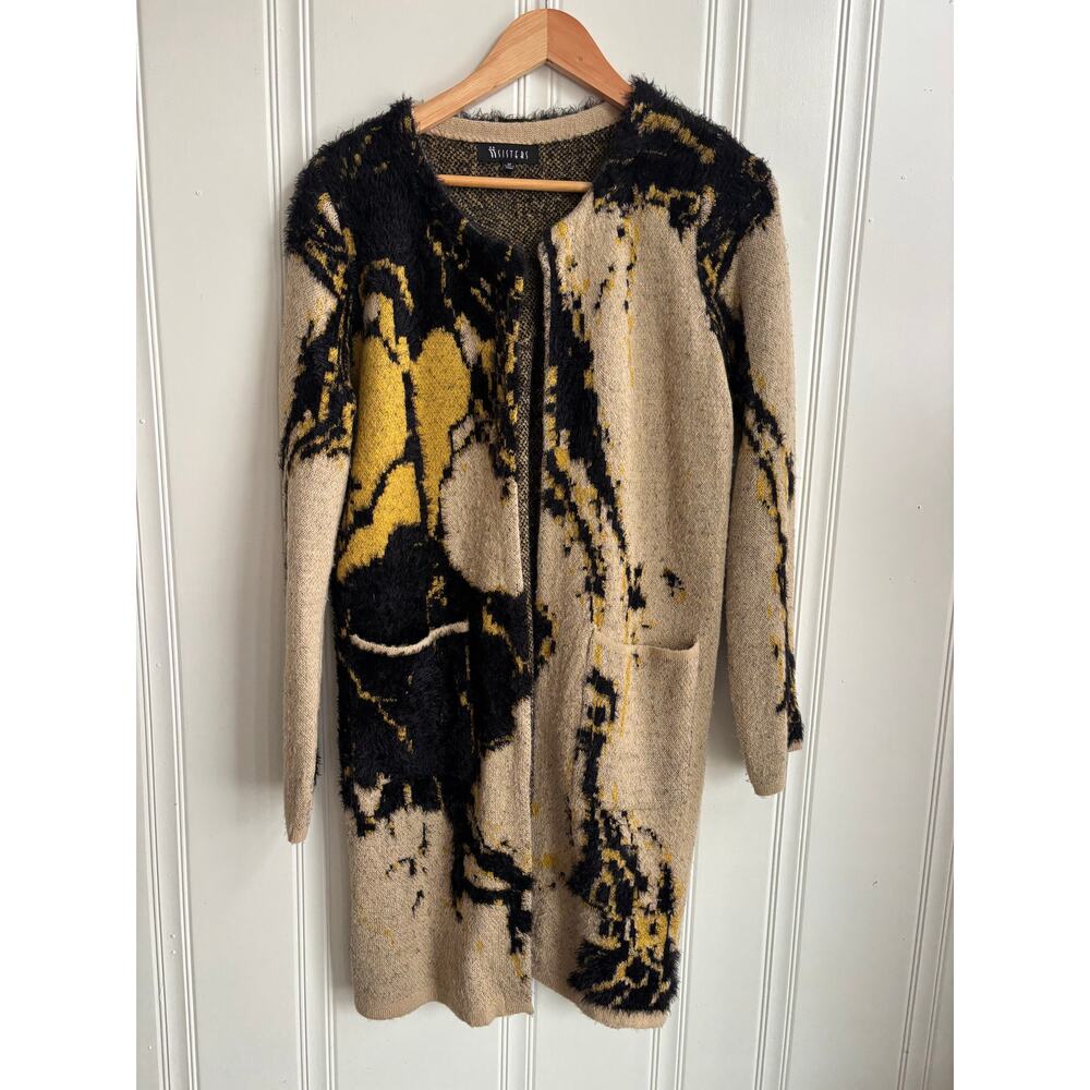 Two Sisters Yellow Black Tan Abstract Cardigan‎ Sweater Women's Medium